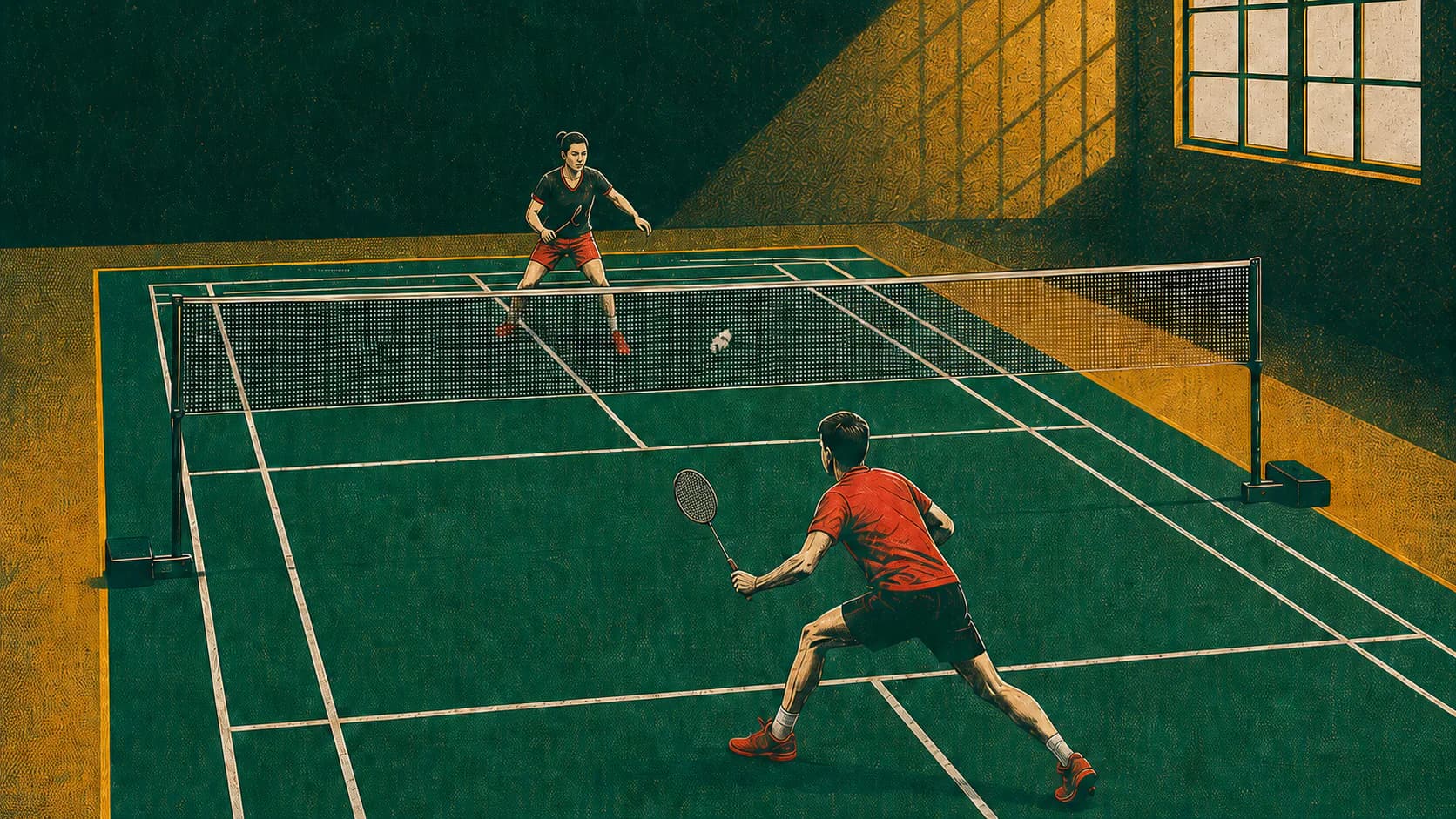 Risograficzna ilustracja dwóch graczy badmintona podczas wymiany