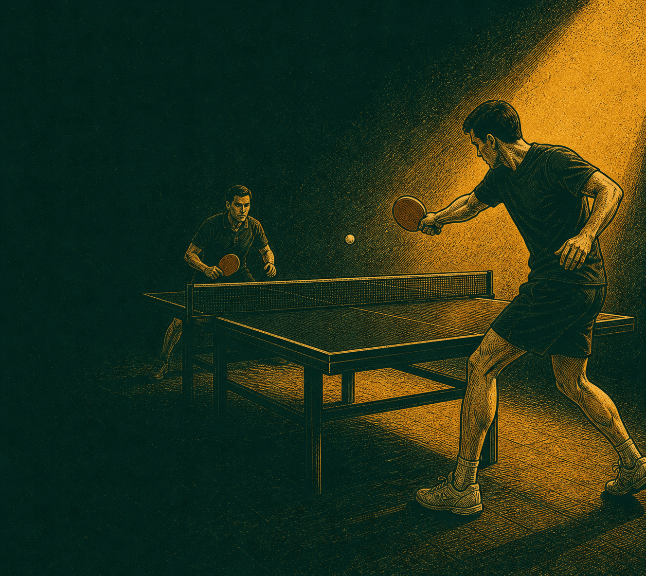 Risograficzna ilustracja dwóch graczy przy stole do tenisa stołowego o poprawnych proporcjach