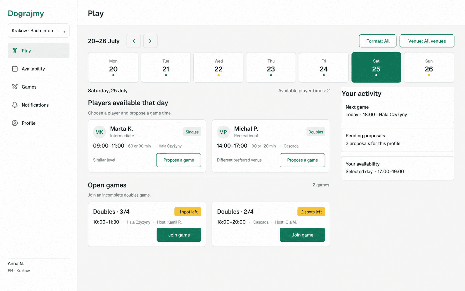Preview of availability, matching players and open games in Dograjmy